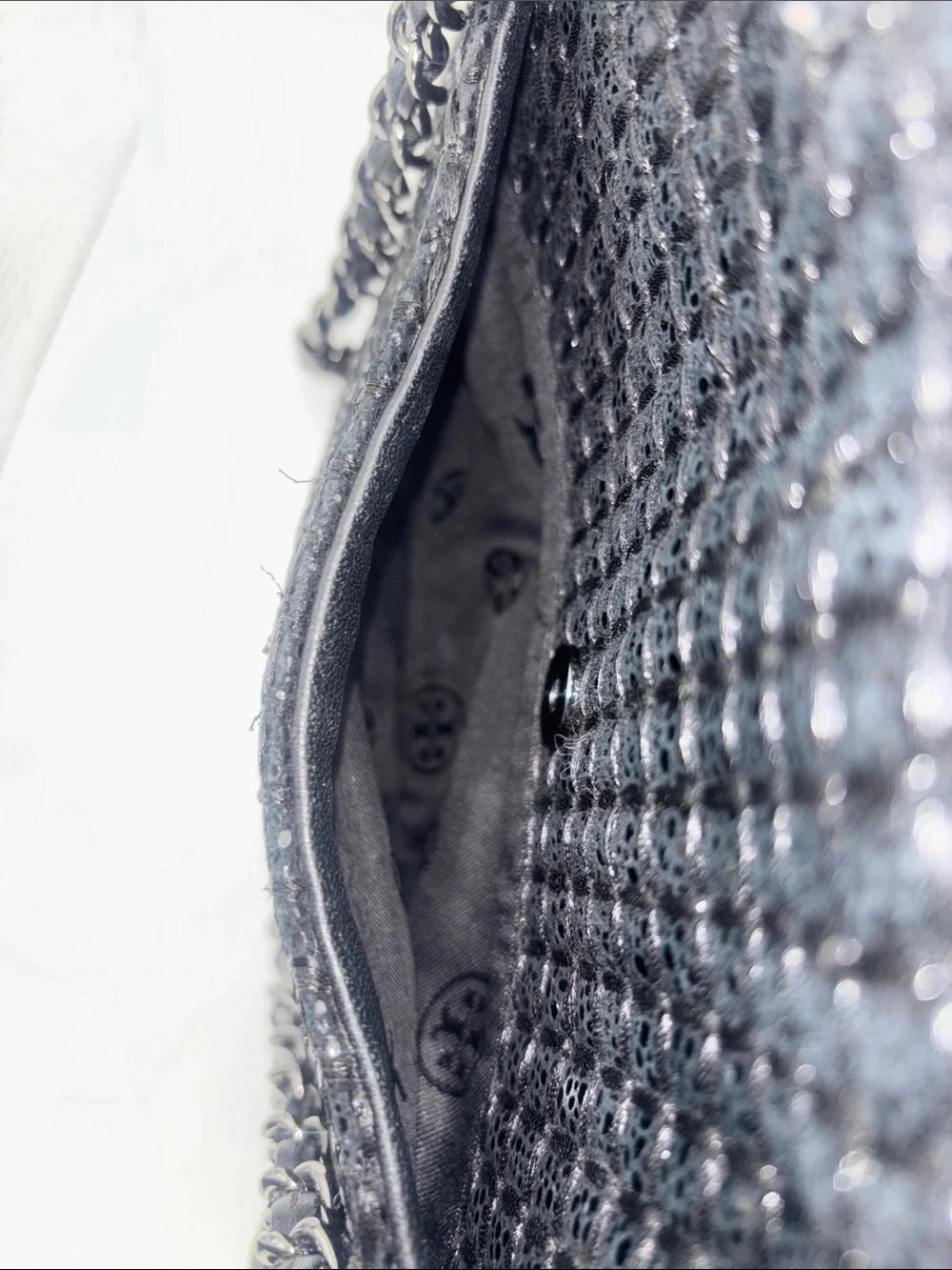 Tory Burch Black Tweed Chain Shoulder Bag with Logo Charm